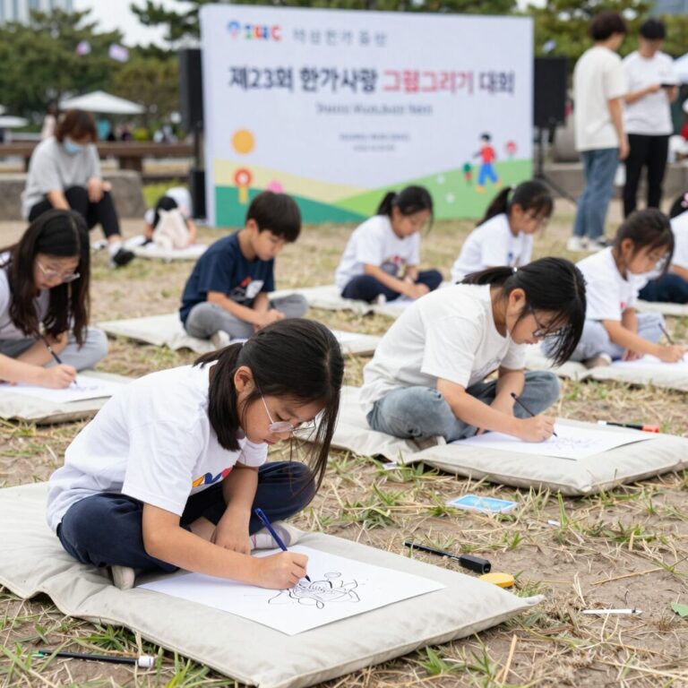 뚝섬한강공원에서 열린 제23회 한강사랑 그림그리기 대회 현장 풍경. 아이들이 돗자리를 깔고 그림을 그리고 있다.
