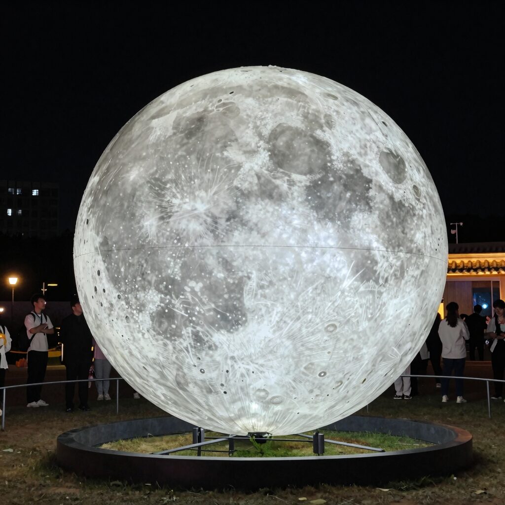 황룡강 음악 힐링 축제 야간 포토 존에 설치된 LED 조명과 대형 달 모형