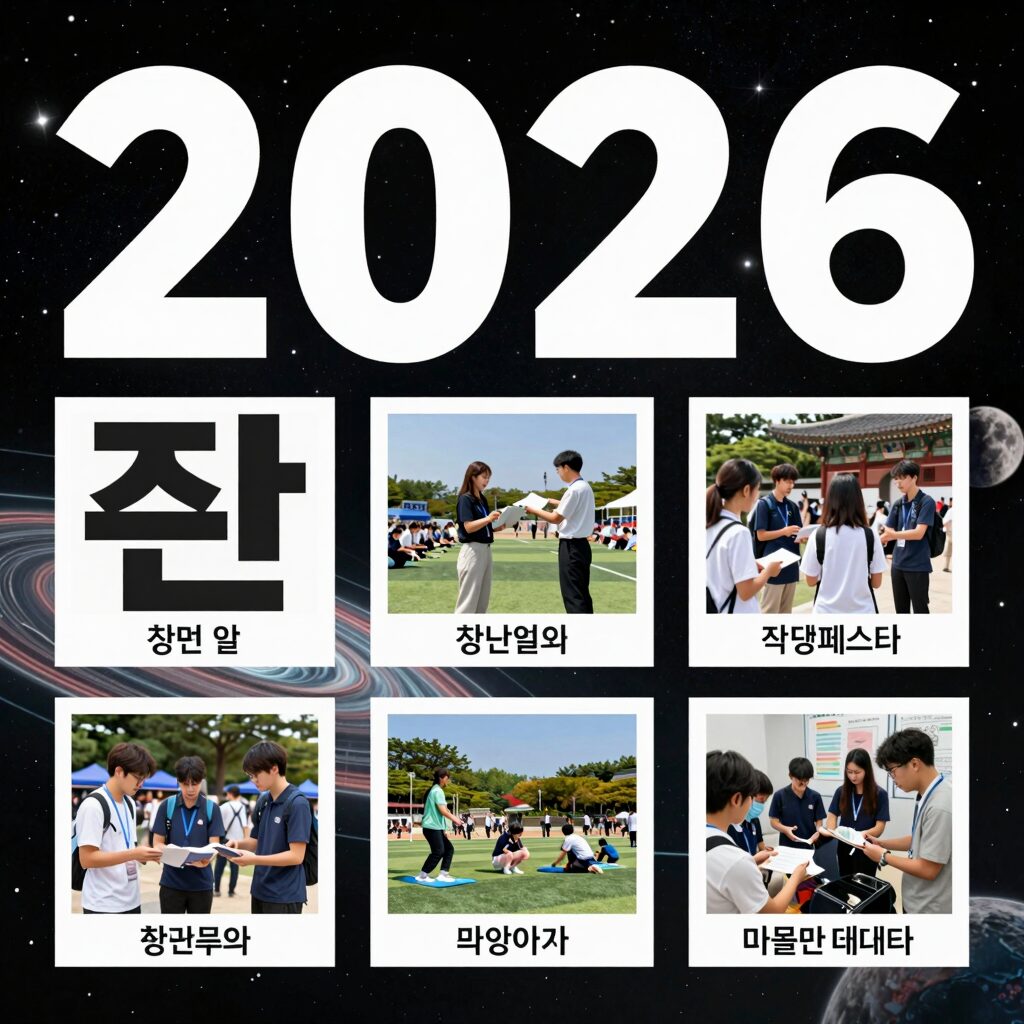 2026 작당페스타 포스터로, 우주를 배경으로 청년들의 다양한 문화 활동 이미지가 그려져 있다.