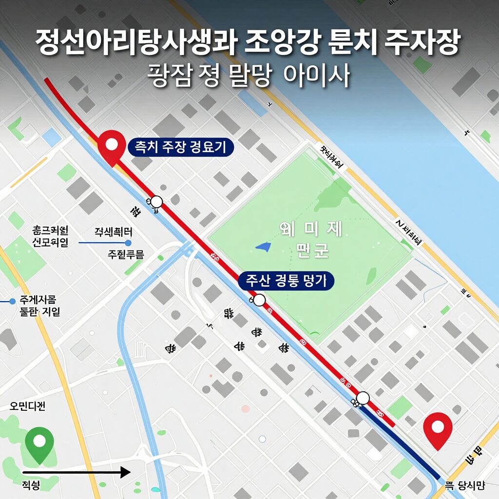 정선아리랑시장과 조양강 둔치 주차장 위치를 표시한 지도 이미지. 축제 방문객을 위한 주차 경로가 표시되어 있다.