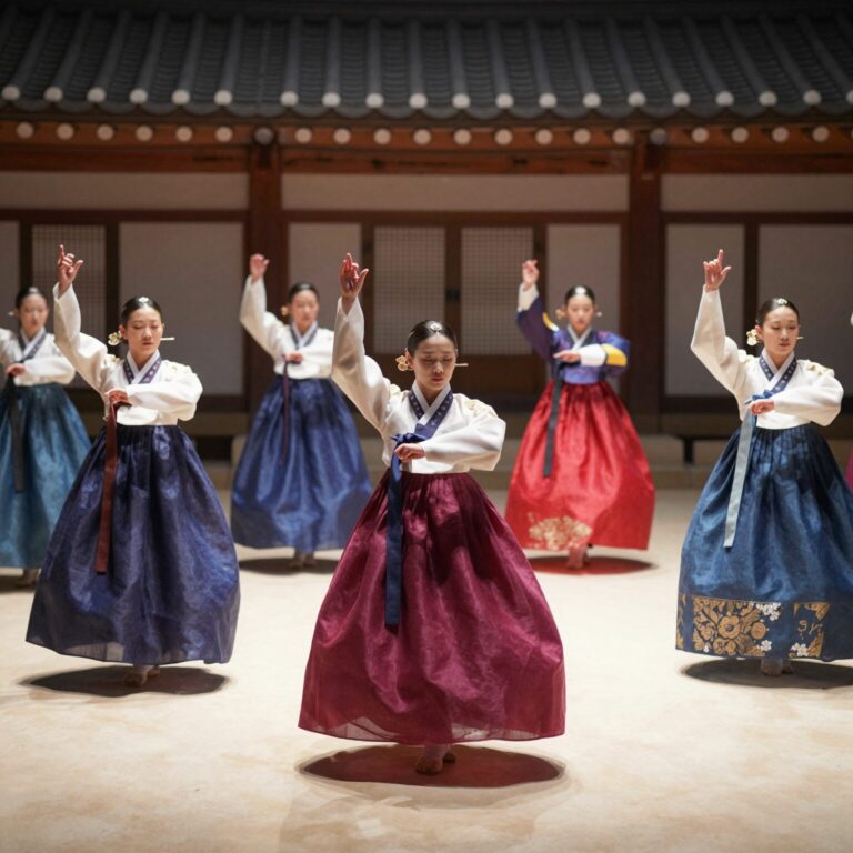 종묀대제에서 진행되는 일무 공연 장면, 전통 복장을 한 무관들이 엄숙하게 춤추는 모습