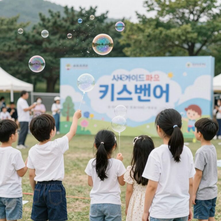 영종도 씨사이드파크 키즈벤처 축제에서 가족이 함께 버블쇼를 즐기는 모습