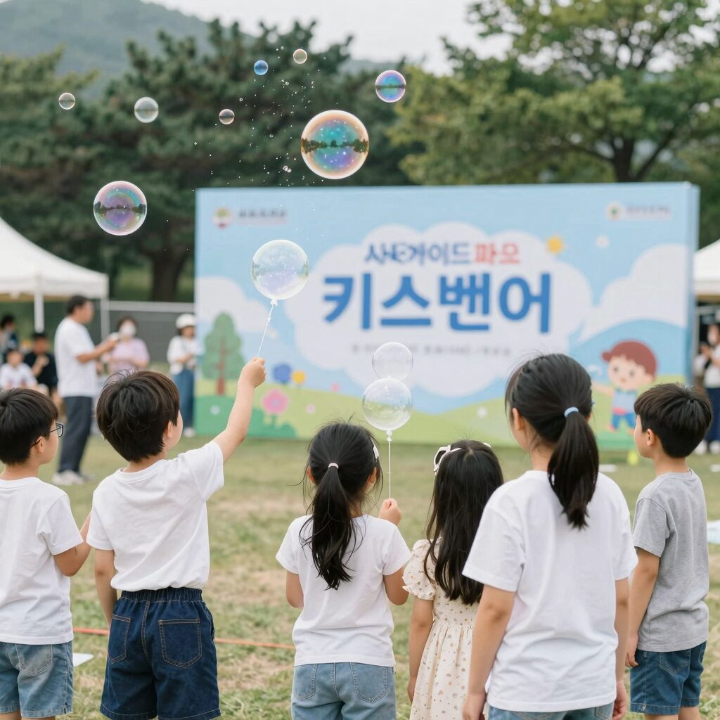 영종도 씨사이드파크 키즈벤처 축제에서 가족이 함께 버블쇼를 즐기는 모습