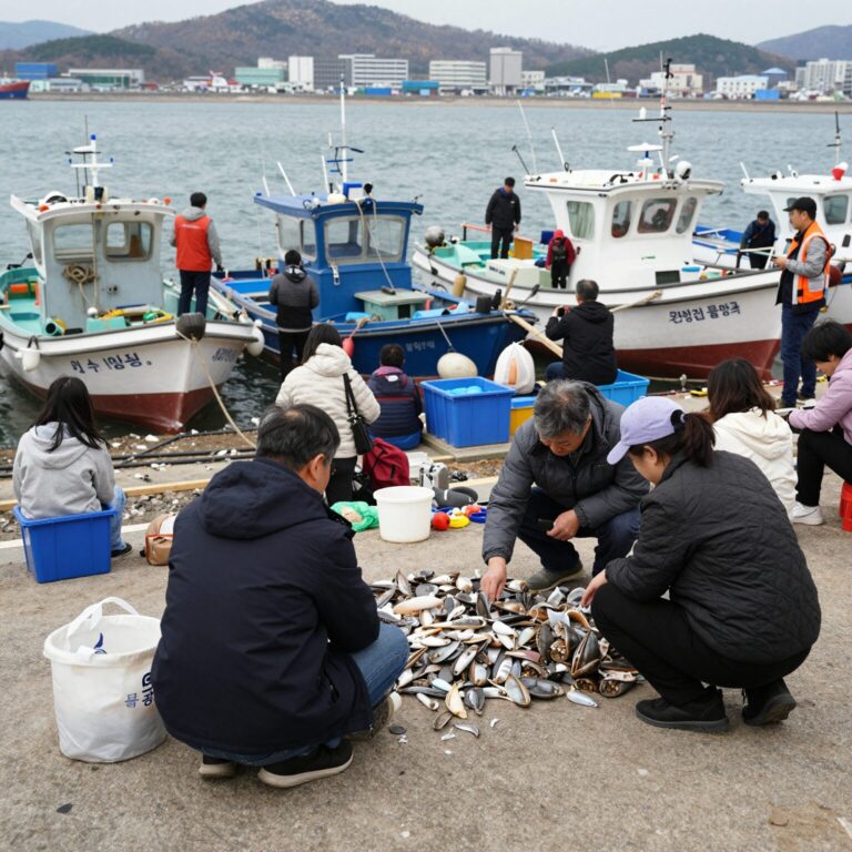 장항항 물양장에서 열리는 수산물 꼴갑축제 현장, 많은 어선과 방문객들