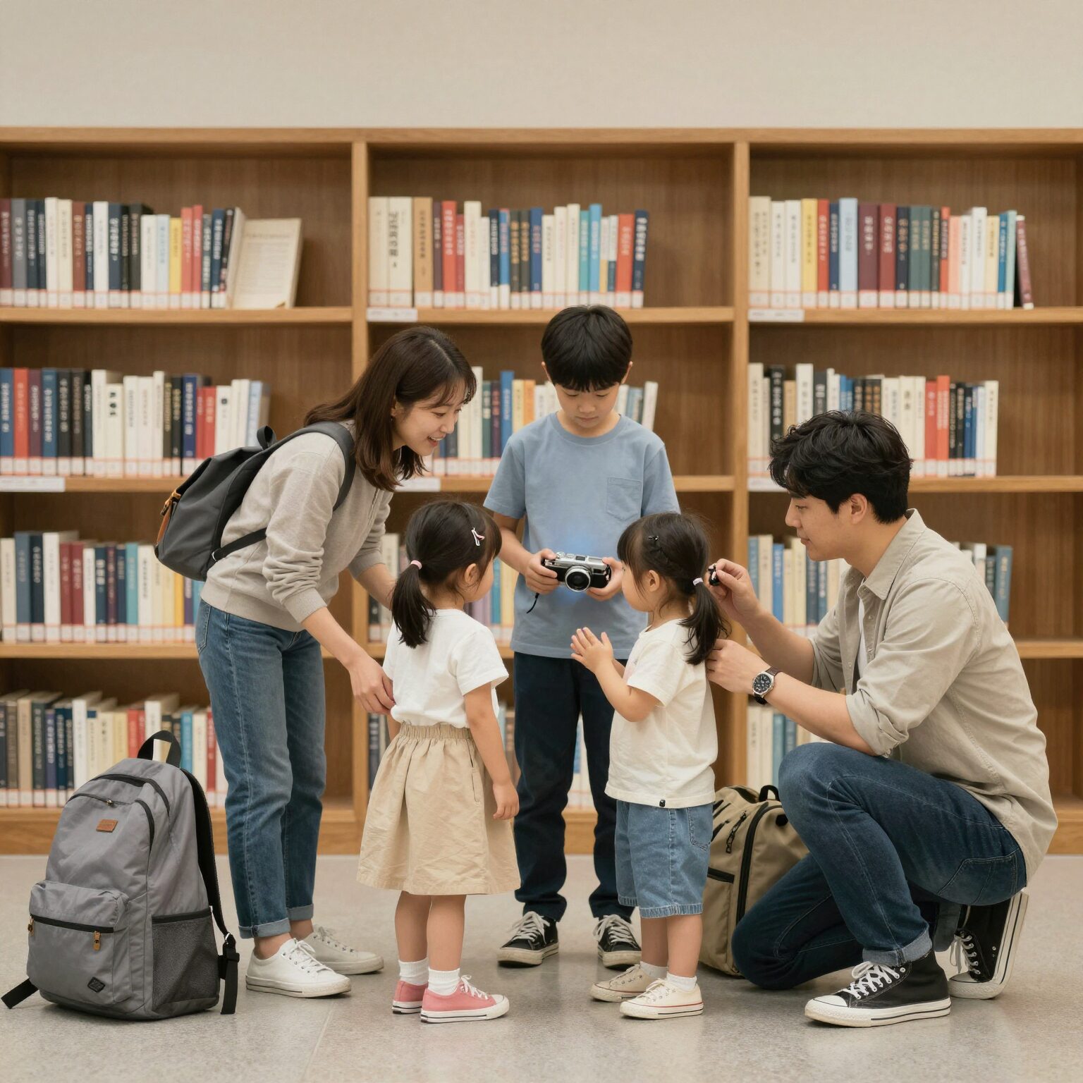 가족이 도서관 앞에서 함께 찍은 사진과 놀 준비물