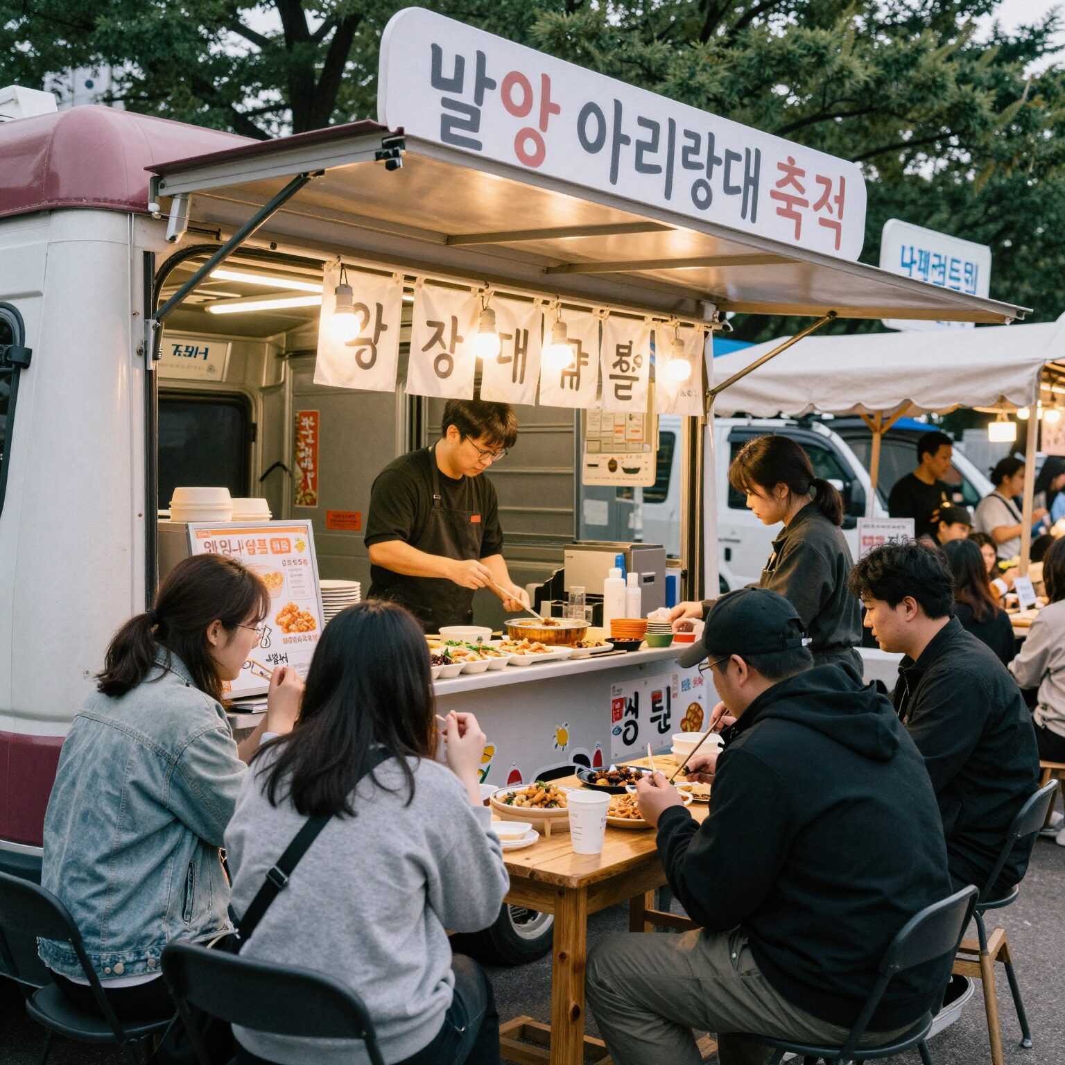밀양아리랑대축제 현장에서 운영되는 푸드트럭과 관람객들이 음식을 즐기는 모습