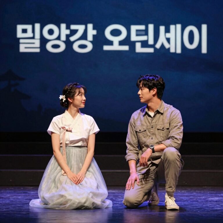영남루와 밀양강을 배경으로 펼쳐진 실경 뮤지컬 밀양강 오딧세이의 야경 사진
