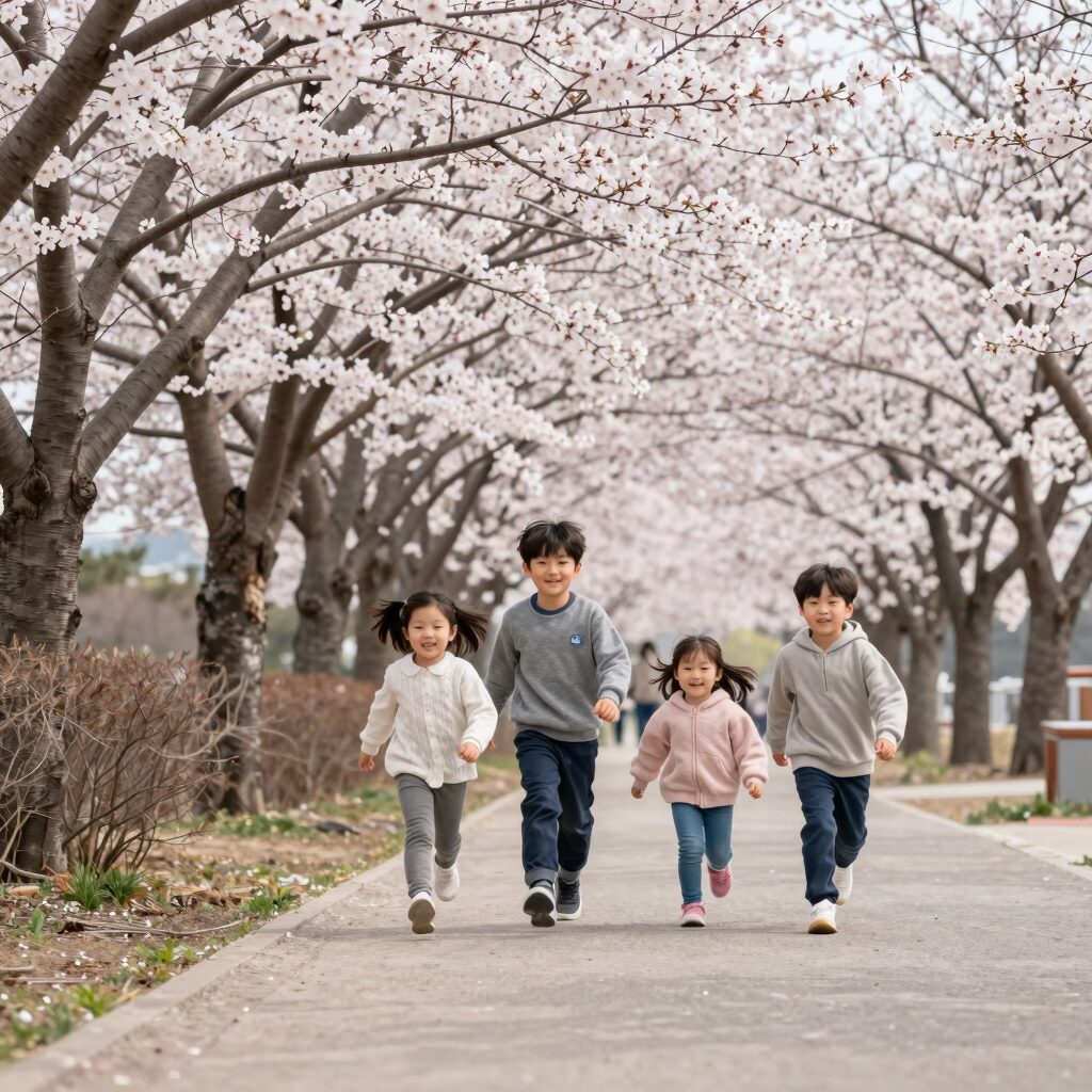 봄날 남이섬 메타세쿼이아 길을 걷고 있는 가족들의 모습, 아이들이 즐겁게 뛰어다니고 있다.