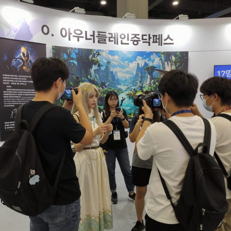 아우터플레인 3주년 기념 일러스타 페스 11 부스 현장에서 코스플레이어와 관람객이 함께하는 모습