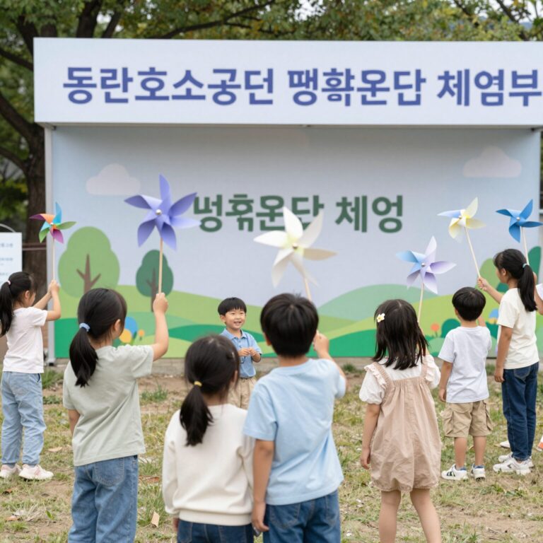 동탄호수공원 평화온담 체험 부스에서 아이들이 바람개비를 만들고 있는 모습