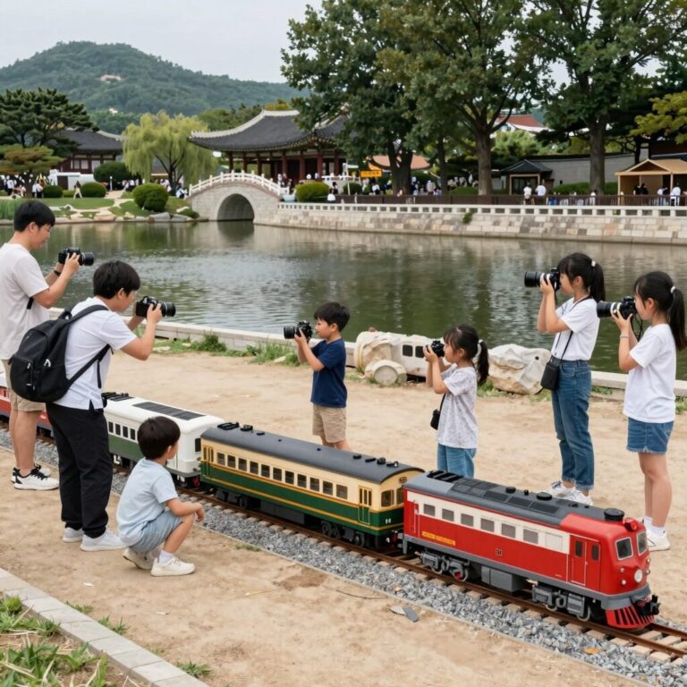 의왕 왕송호수공원에서 열리는 어린이철도축제에 방문한 가족들이 기차 모형 앞에서 사진을 찍고 있는 모습