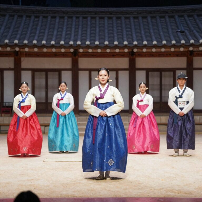 영주 선비촌 죽계루 무대에서 펼쳐지는 마당놀이 공연 모습, 전통 한복을 입은 배우들이 활기차게 공연하고 있다.
