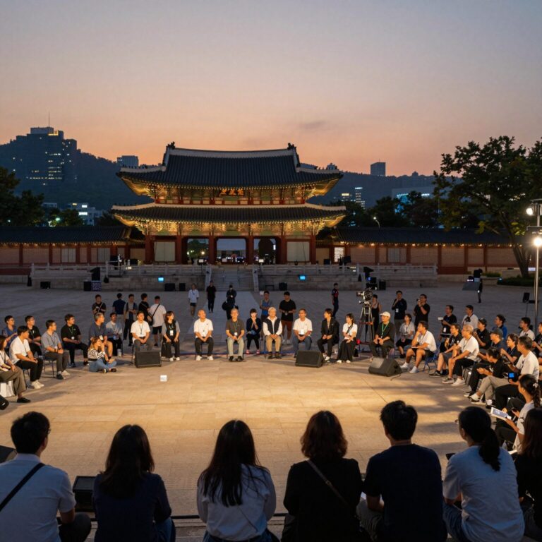 서울광장 야외무대에서 저녁 공연을 관람하는 시민들의 모습, 노을과 도심 야경이 어우러진 풍경