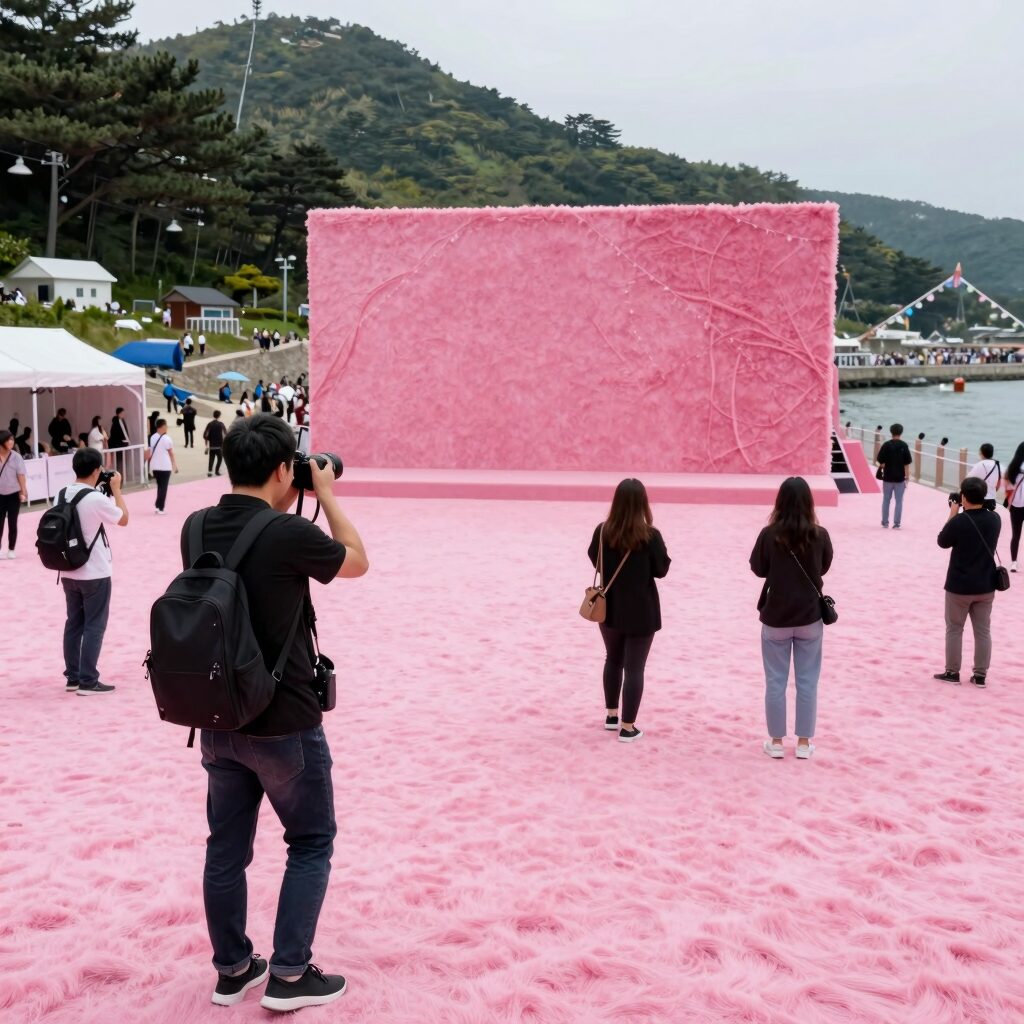 노들섬 입구 핑크빛 카펫 같은 포토존 방문객들이 사진을 찍는 모습