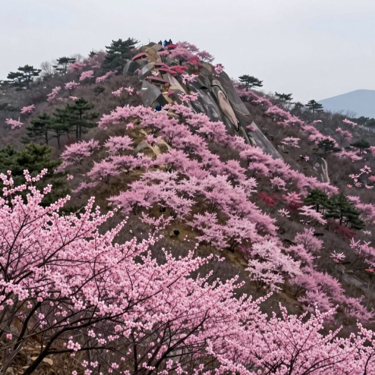 소백산 비로봉 정상부 연분홍 철쭉 군락이 능선을 따라 펼쳐진 풍경