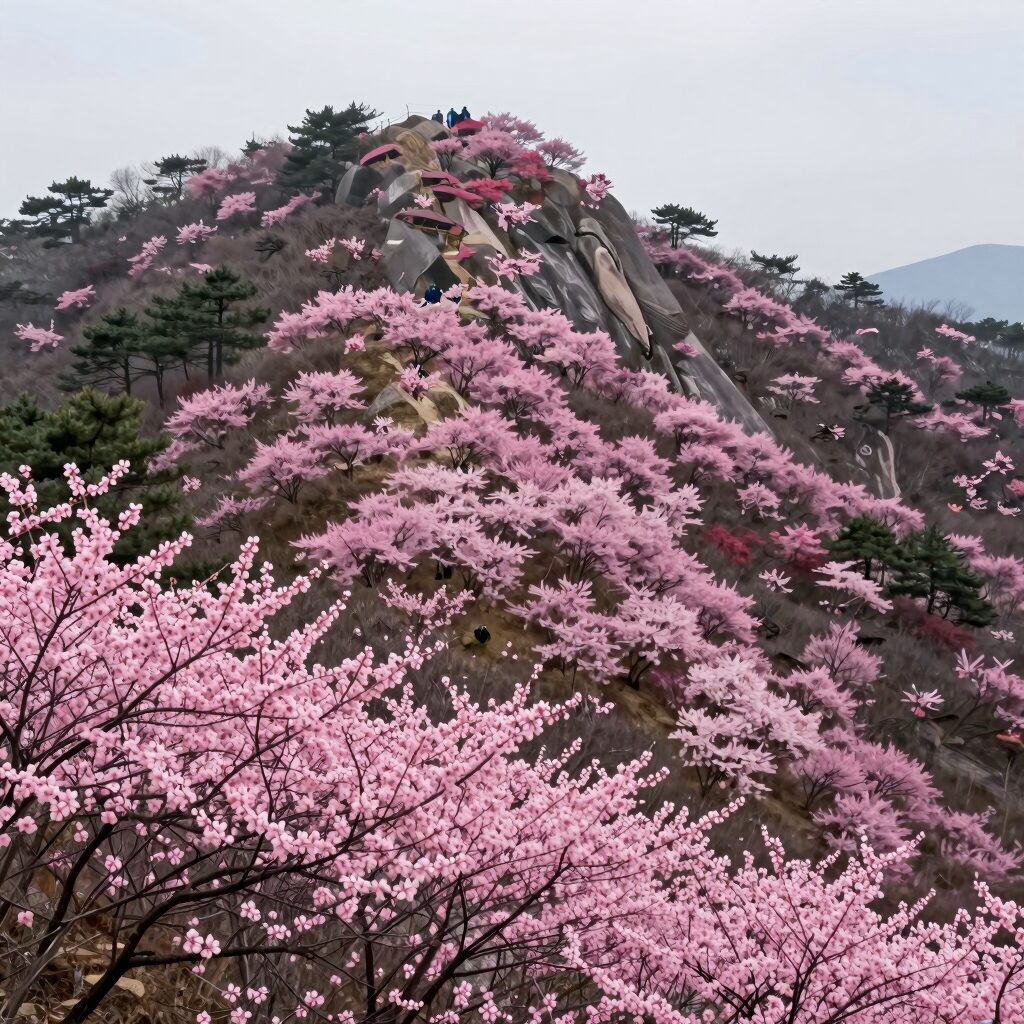 소백산 비로봉 정상부 연분홍 철쭉 군락이 능선을 따라 펼쳐진 풍경