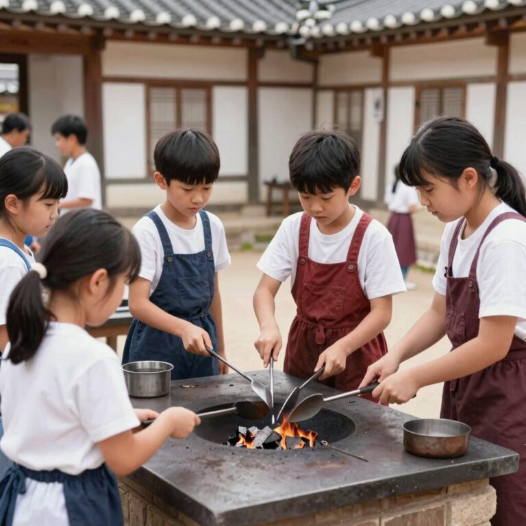 아이들이 전통 대장간 체험을 하며 쇠를 두드리는 모습