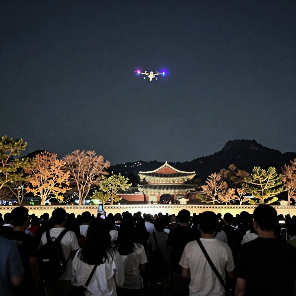 밤하늘에서 펼쳐지는 드론 라이트쇼와 축제 관람객들의 실루엣
