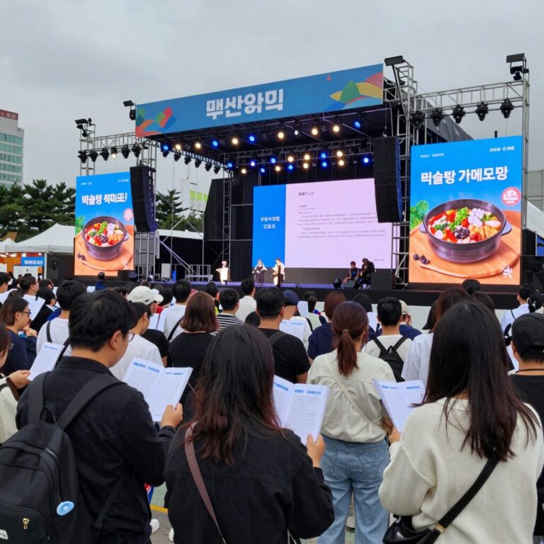 부산역 광장에 설치된 택슐랭 축제 메인 무대와 방문객들이 맛집 정보가 담긴 가이드북을 보고 있는 모습