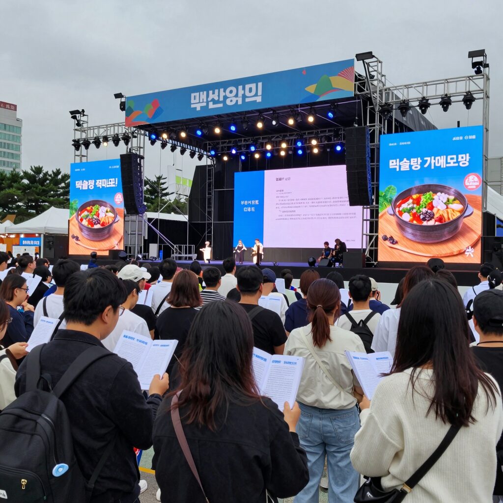 부산역 광장에 설치된 택슐랭 축제 메인 무대와 방문객들이 맛집 정보가 담긴 가이드북을 보고 있는 모습