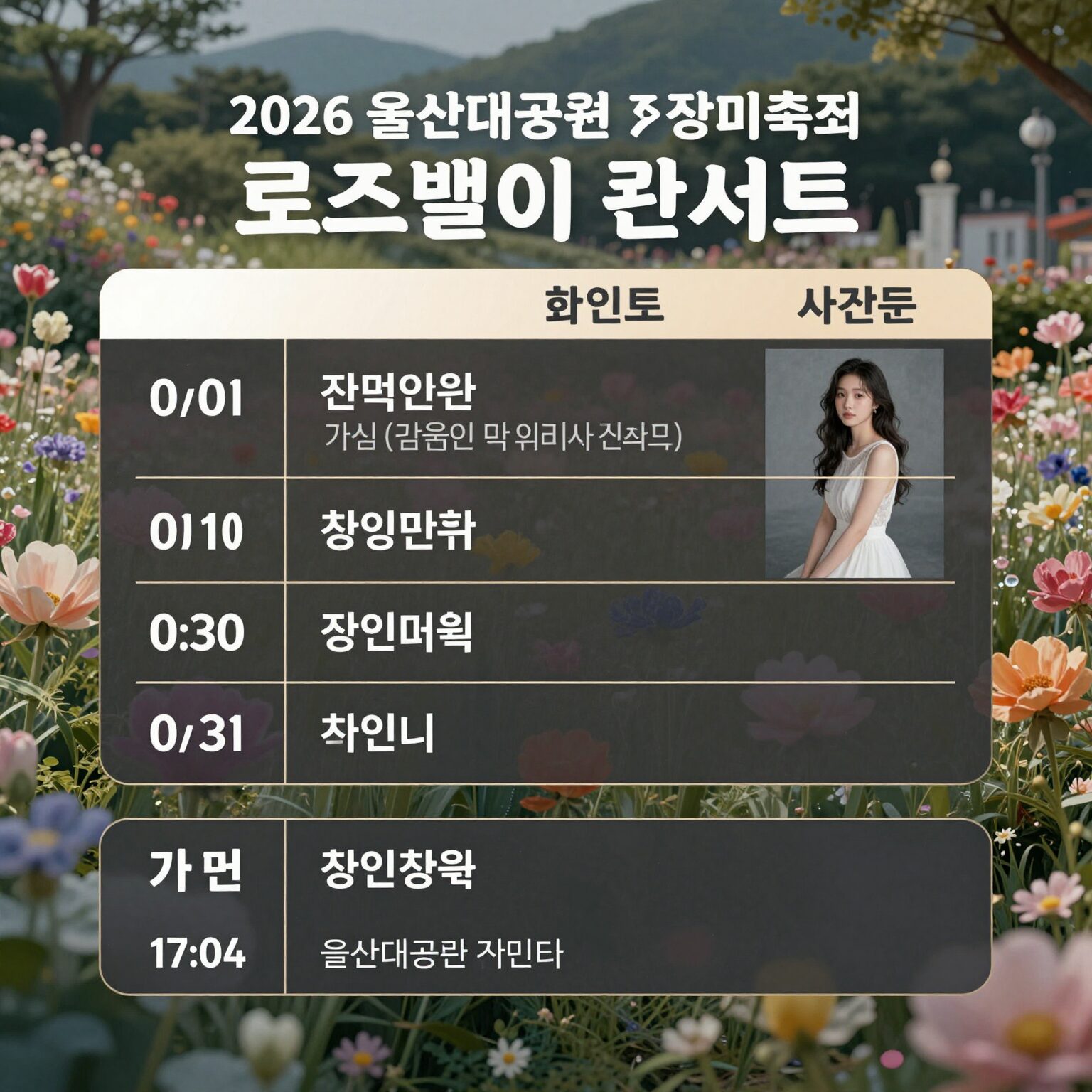 2026 울산대공원 장미축제 로즈밸리 콘서트 가수 라인업과 시간표를 표로 정리한 블로그 이미지