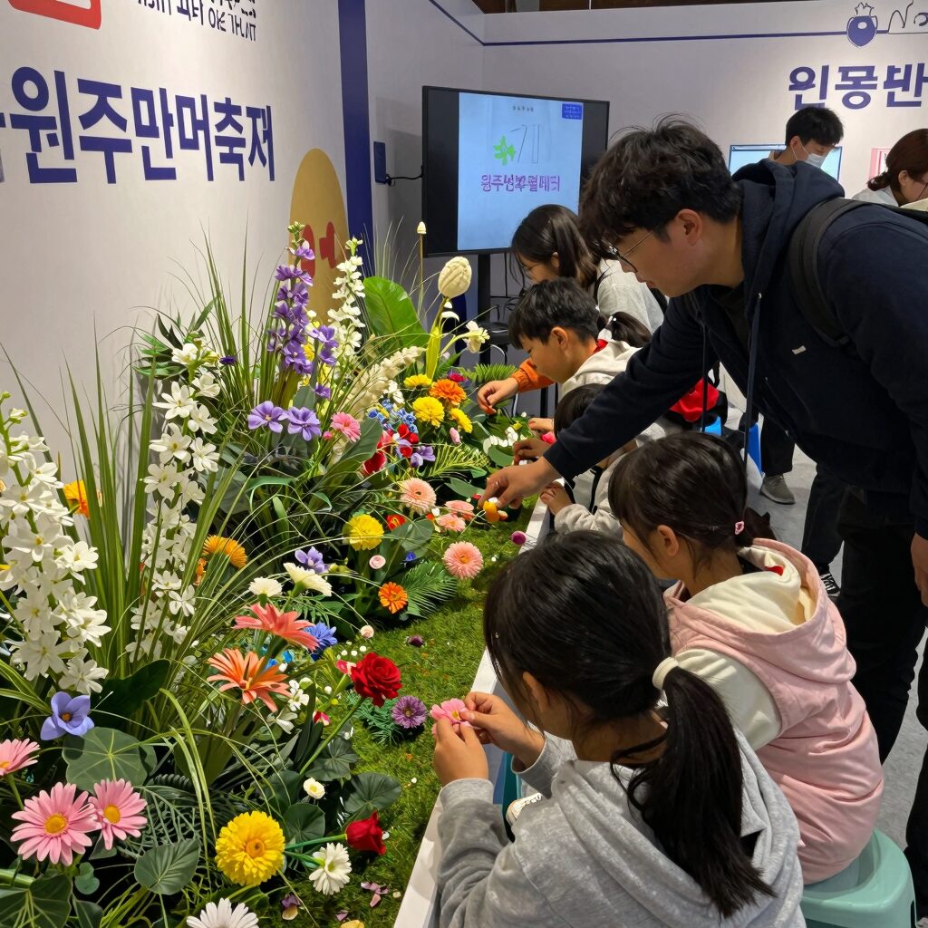 어린이와 가족이 원주청소년축제 꽃이피다 체험부스에서 활동하는 모습