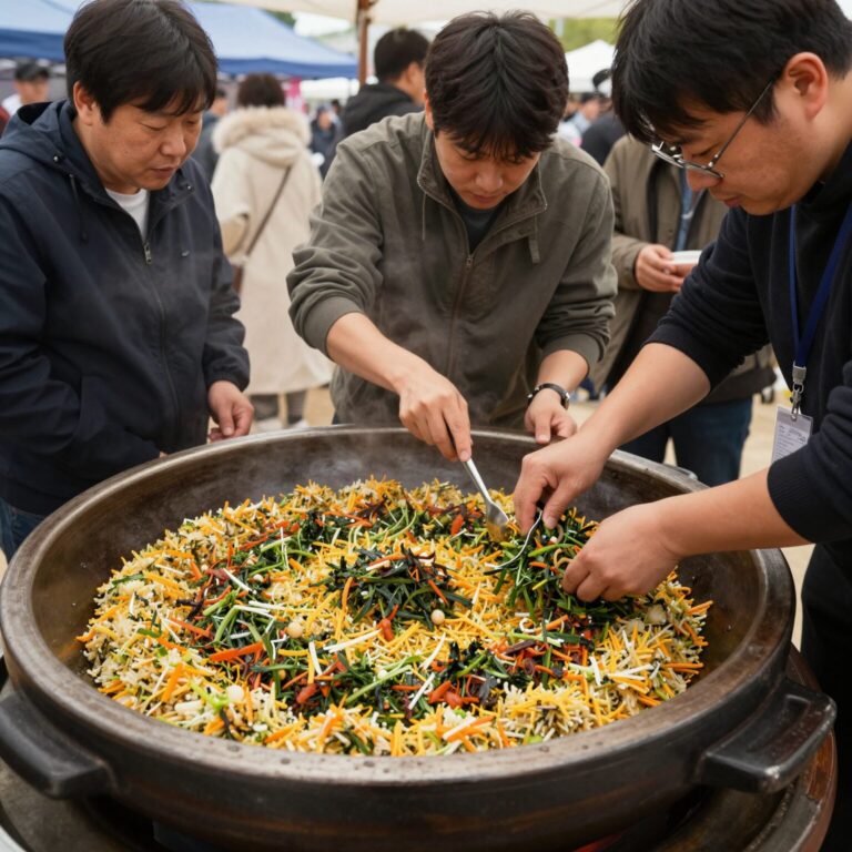 영양 산나물축제장에서 커다란 가마솥에 산나물 비빔밥을 만들고 있는 모습. 참가자들이 둘러서서 구경하고 있다.