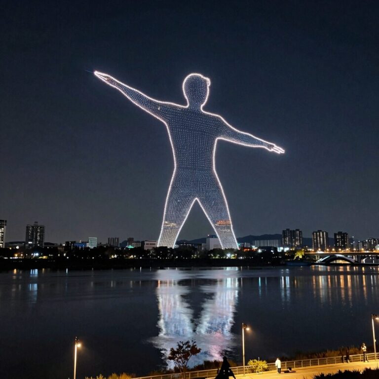 여의도 한강공원 밤하늘을 수백 대의 드론이 수놓으며 화려한 빛의 향연을 펼치는 모습. 드론이 형성한 거대한 캐릭터 형상이 한강 위에 반사되어 장관을 이루고 있다.