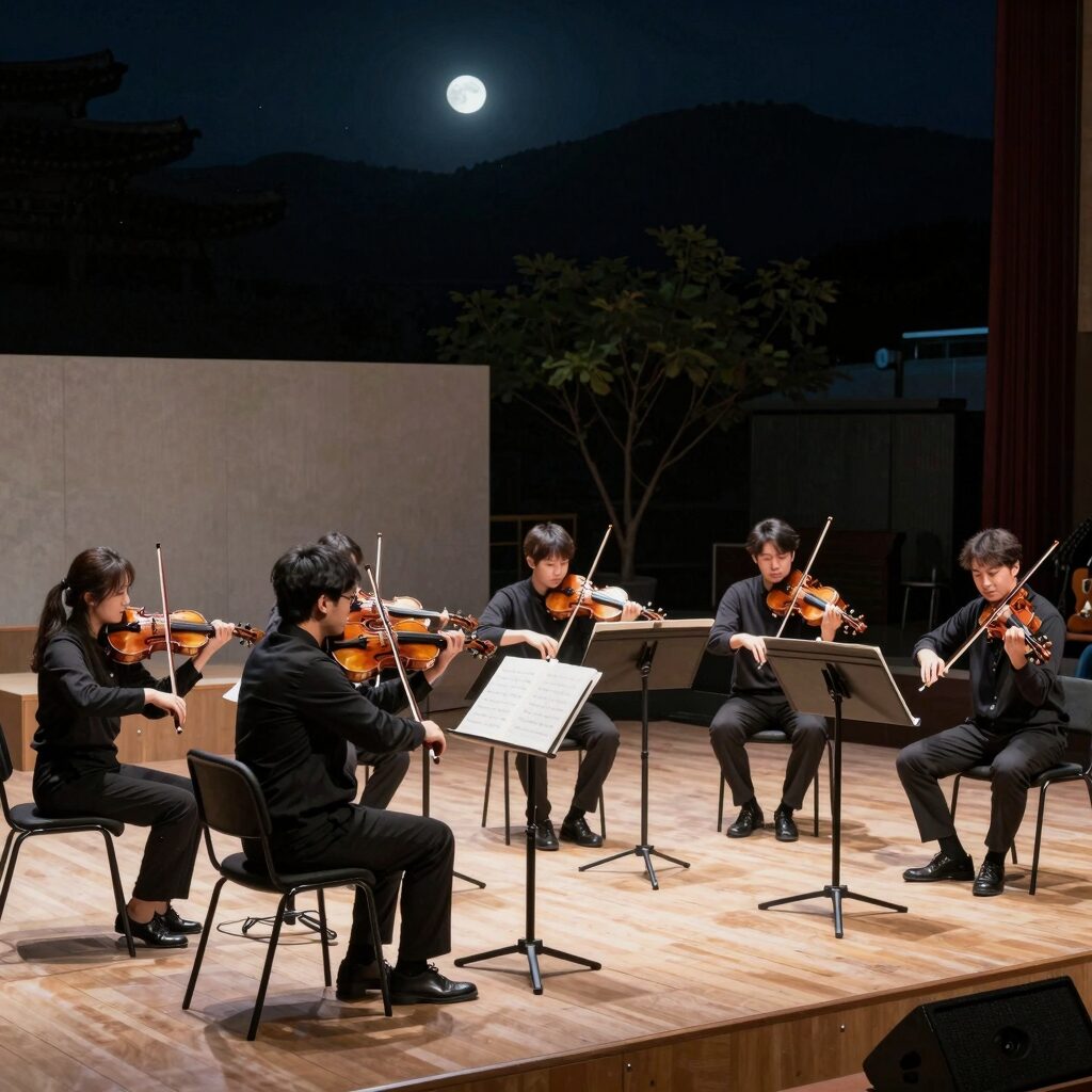 2026 계촌 클래식 축제 야외 무대에서 오케스트라가 연주하는 모습, 별빛 아래 펼쳐진 환상적인 공연