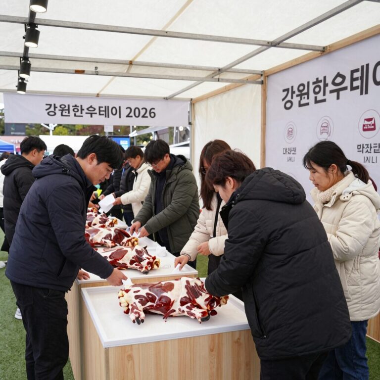 춘천시청 광장에서 열리는 강원한우데이 2026 행사장 전경 방문객들이 한우 부스를 둘러보고 있다