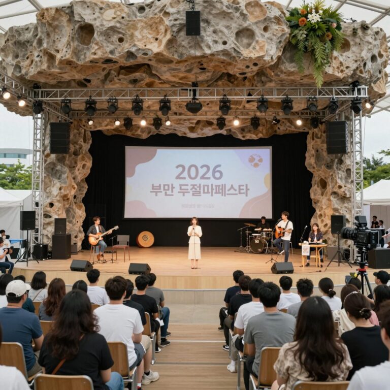 2026 부산푸드필름페스타의 메인 무대인 영화의전당 빅루프 아래에서 다양한 음식과 공연이 펼쳐지는 야외 광장 풍경