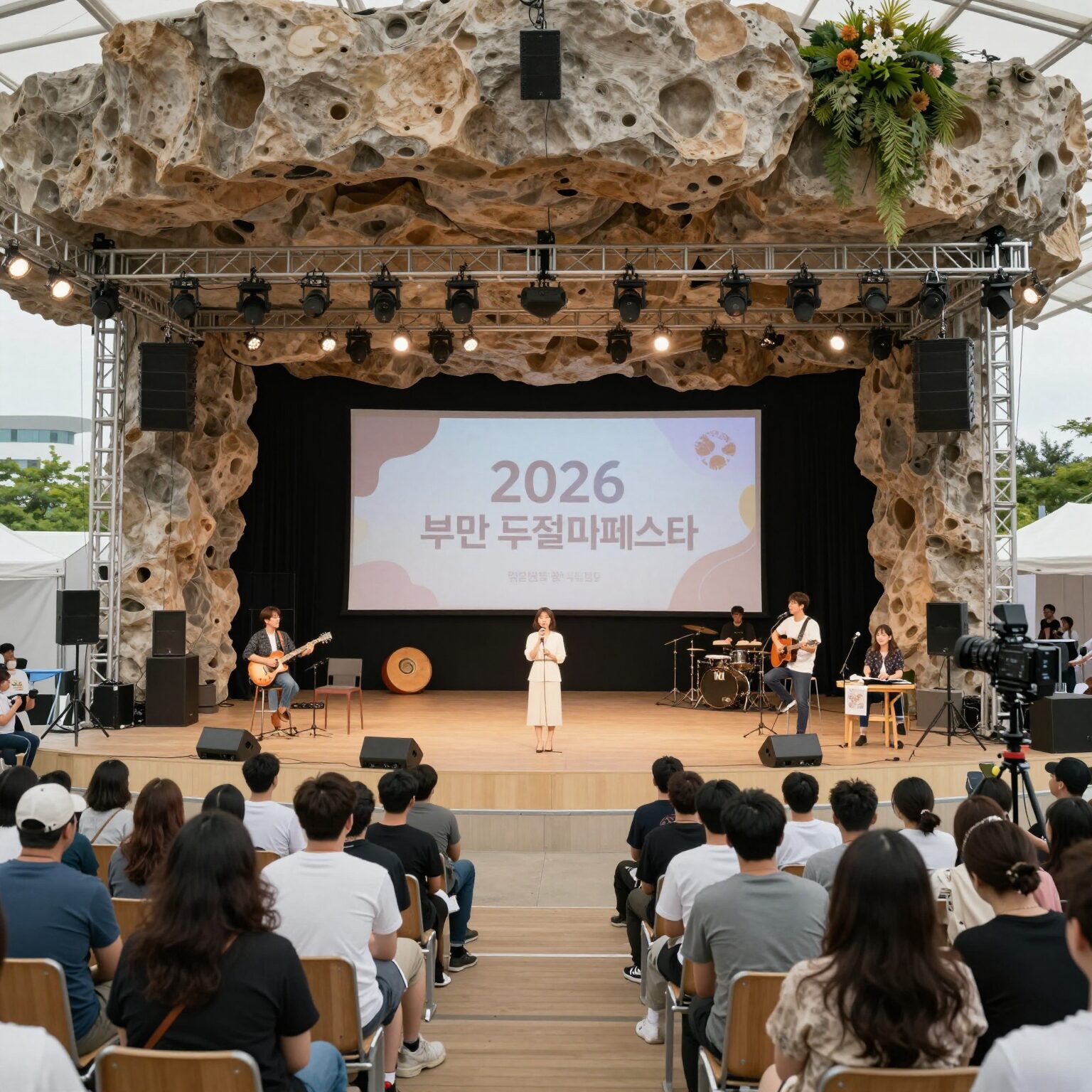 2026 부산푸드필름페스타의 메인 무대인 영화의전당 빅루프 아래에서 다양한 음식과 공연이 펼쳐지는 야외 광장 풍경