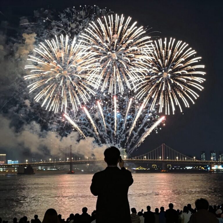 부산항대교를 배경으로 화려하게 터지는 부산항 축제 불꽃쇼 야경