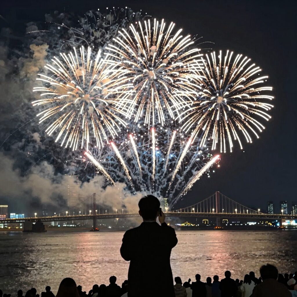 부산항대교를 배경으로 화려하게 터지는 부산항 축제 불꽃쇼 야경