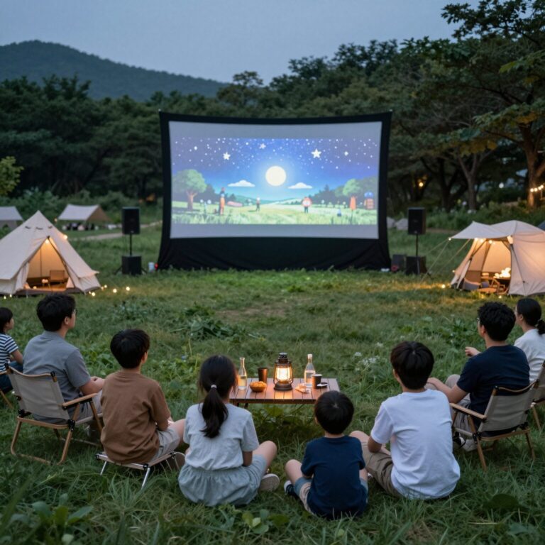 2026 캠핑요리축제에서 가족들이 잔디광장에서 별빛 영화를 보는 모습