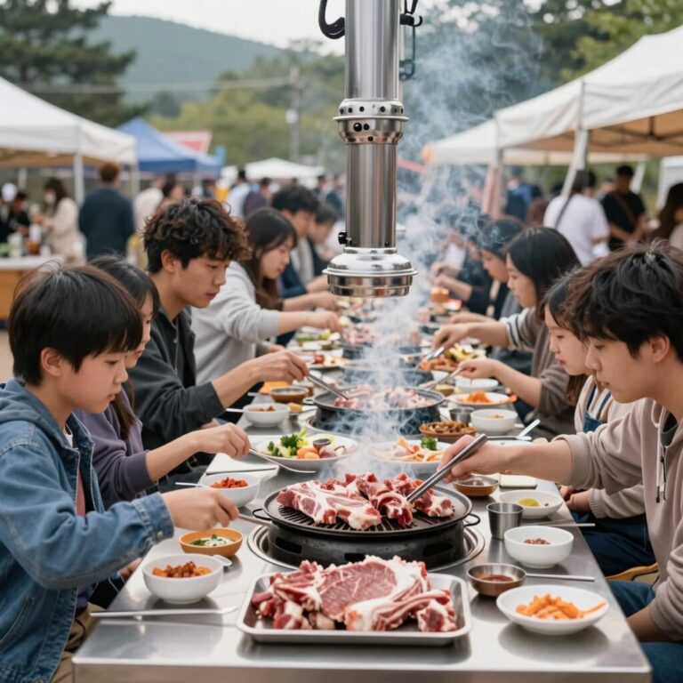 원주 치악산 한우축제 셀프구이존에서 가족들이 한우를 굽고 있는 풍경