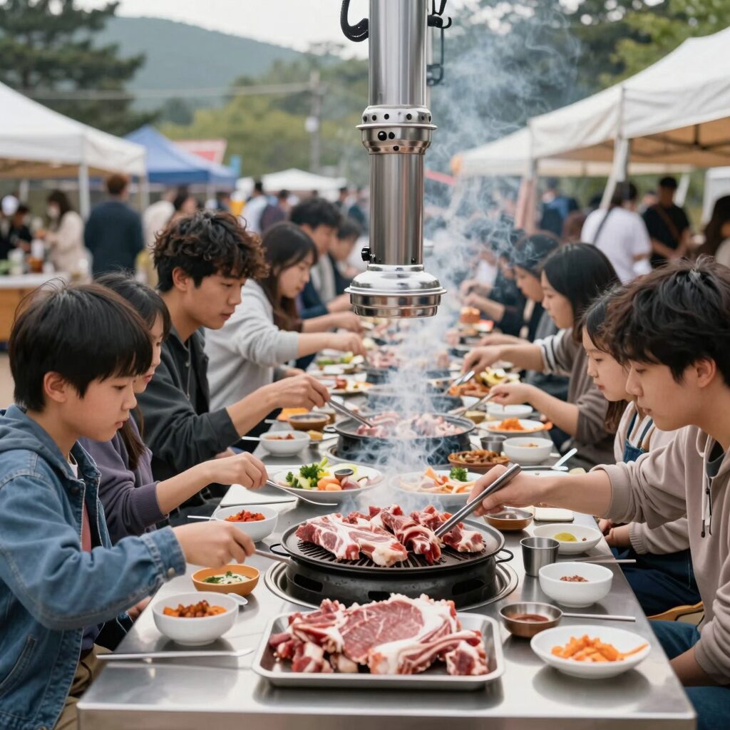 원주 치악산 한우축제 셀프구이존에서 가족들이 한우를 굽고 있는 풍경