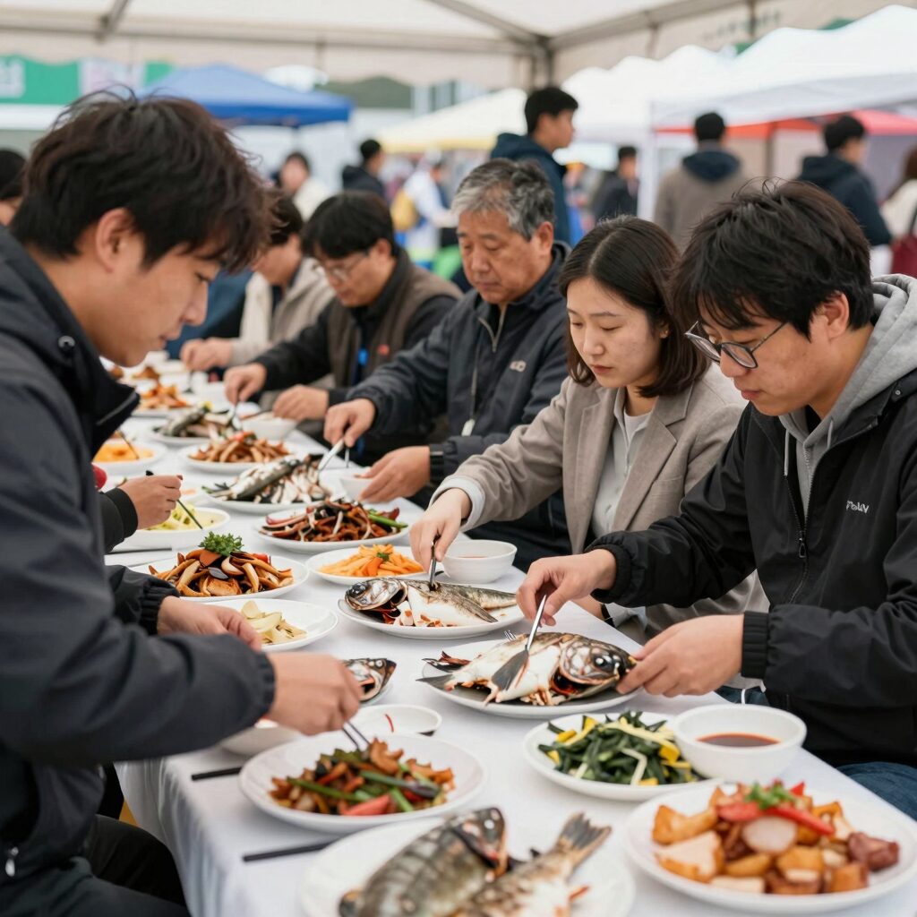 대진항 축제장에서 신선한 대문어를 직접 구워 먹고 있는 방문객의 모습, 테이블 위에 놓인 다양한 대문어 요리와 즐거워하는 사람들의 표정