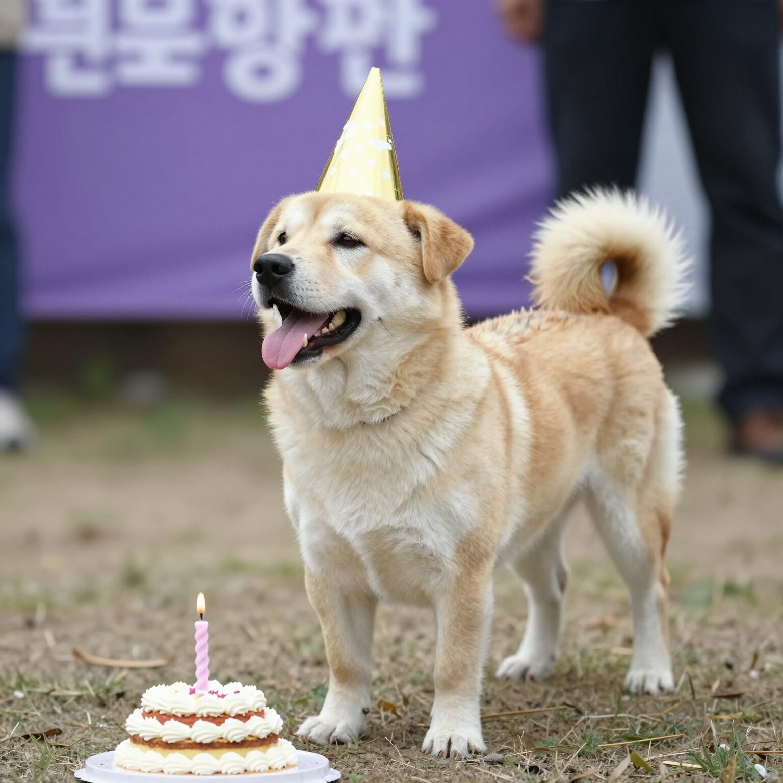 1998년생 노견 강아지가 생일 모자를 쓰고 행사장에서 즐거워하는 모습