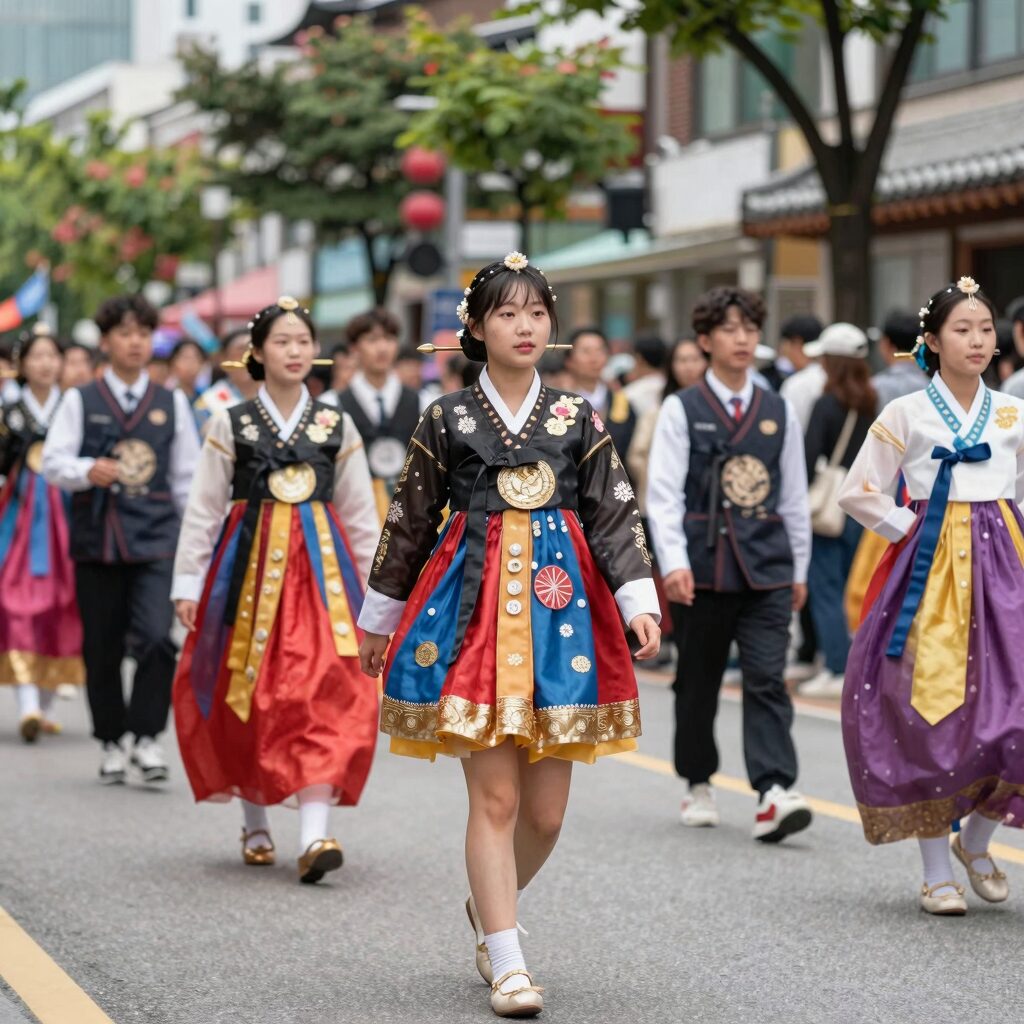 음성품바축제 길놀이 퍼레이드에서 화려한 의상을 입은 참가자들이 거리를 행진하는 모습