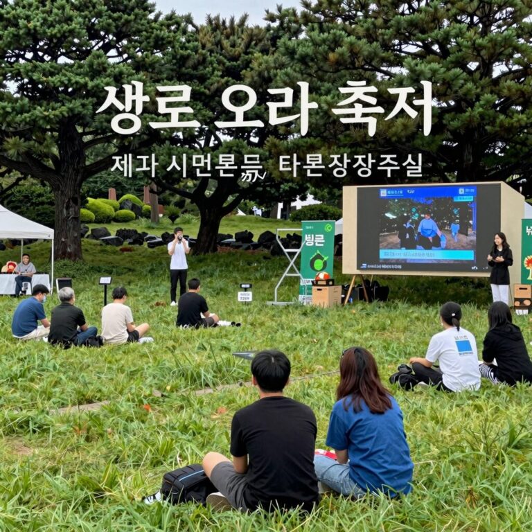 제주 시민복지타운광장에서 열리는 숲으로 오라 축제 전경, 푸른 잔디밭과 체험 부스