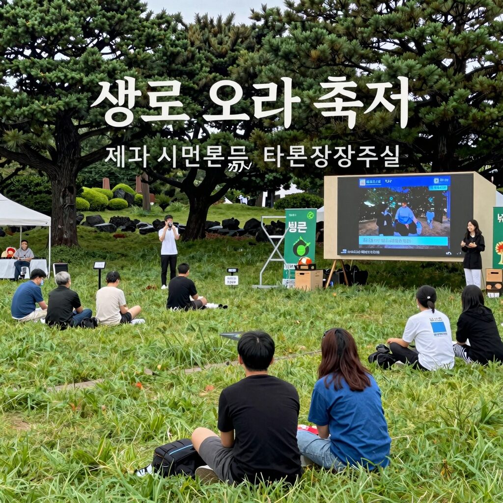 제주 시민복지타운광장에서 열리는 숲으로 오라 축제 전경, 푸른 잔디밭과 체험 부스