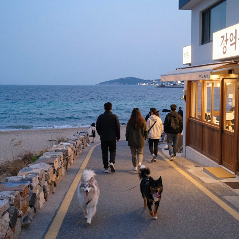 강릉 안목해변 커피거리 야경과 반려견 산책하는 모습