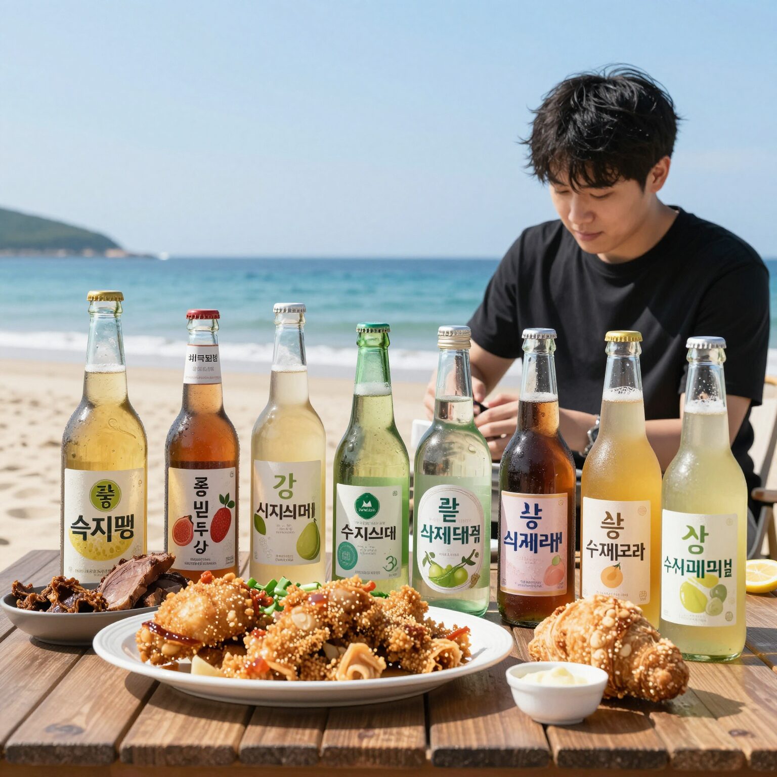 강릉비치비어페스티벌에서 판매되는 다양한 수제맥주와 로컬푸드 음식 사진