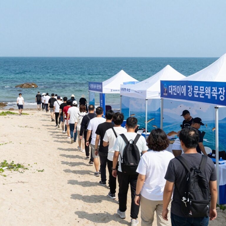 푸른 동해바다를 배경으로 대진항에 설치된 대문어축제 부스와 현수막, 그리고 방문객들이 줄지어 이동하는 활기찬 축제 현장 모습