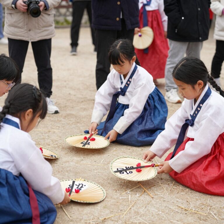 군위 장군단오축제에서 아이들이 단오 부채 만들기와 전통놀이를 즐기는 모습