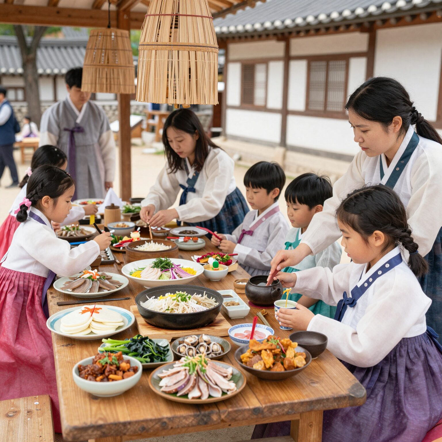 경산자인단오제 밥상거리에서 판매하는 지역 특산물 음식들과 전통 부채 체험하는 가족들