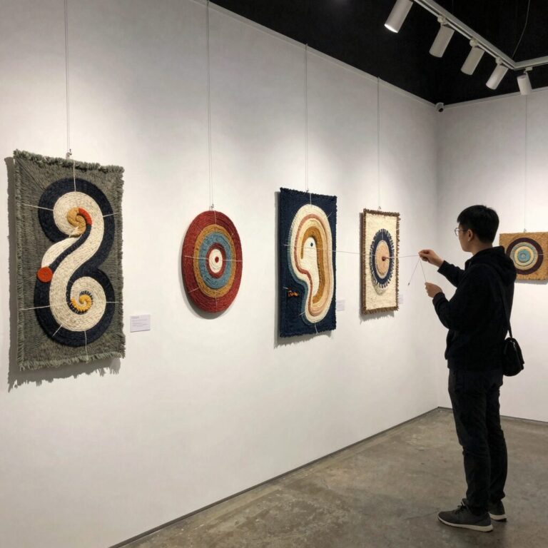 2026 공예주간 손의 연대전 전시 작품들. 바늘과 실로 연결된 다양한 섬유 작품들이 전시된 모습