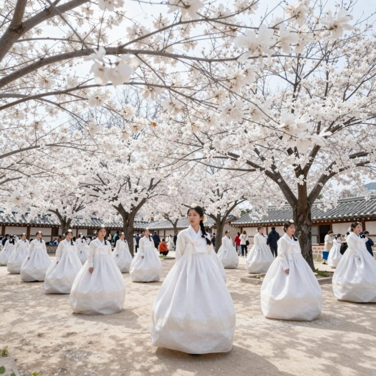 한산모시관 앞마당에서 펼쳐지는 한산모시문화제 전경, 흰색 모시천이 바람에 나부끼는 모습