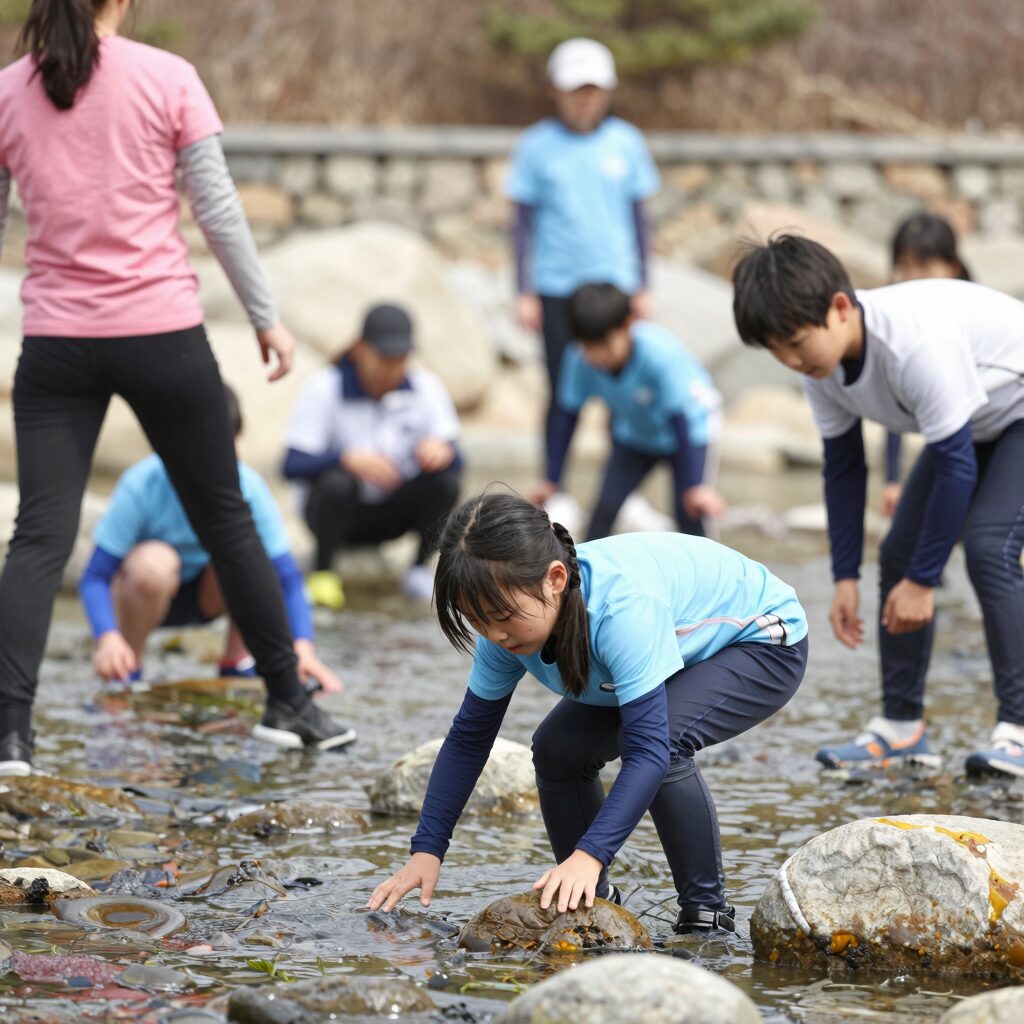 강정마을 생태축제에서 아이들이 강정천에서 스노클링을 즐기고 있는 모습